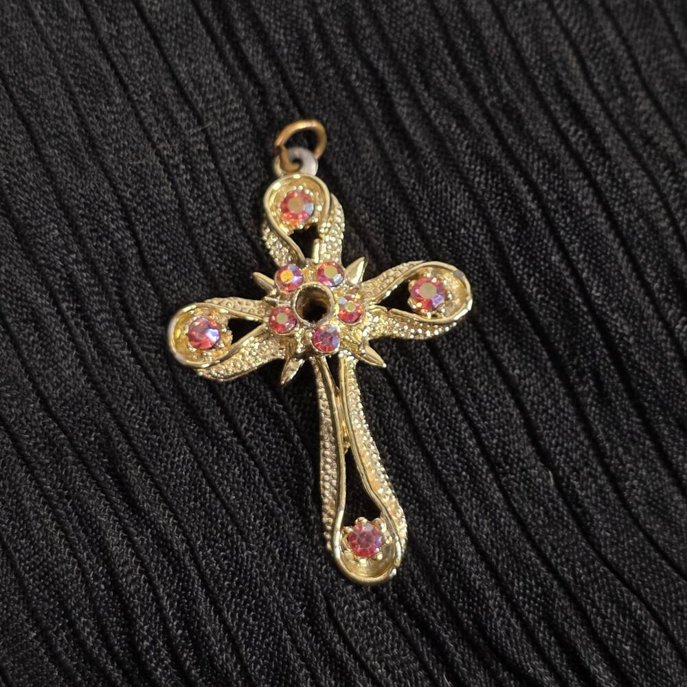 Vintage Pink AB Rhinestone Cross Pendant Gold Tone Filigree Christian Jewelry